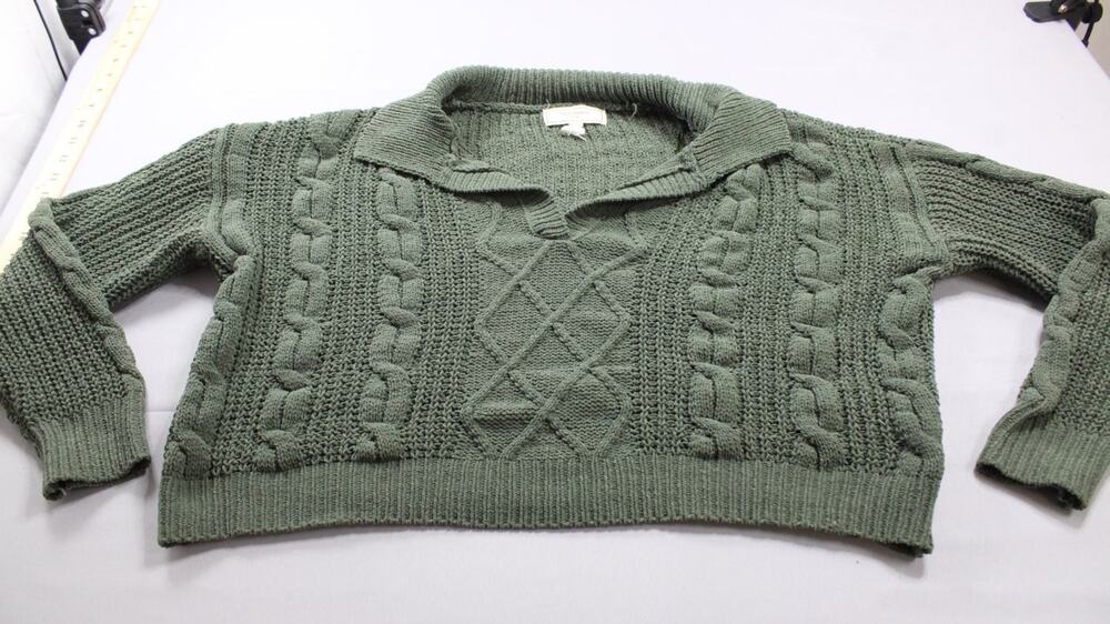 No Comment Sweater Womens L Green Long Sleeve Cropped Ribbed Trim